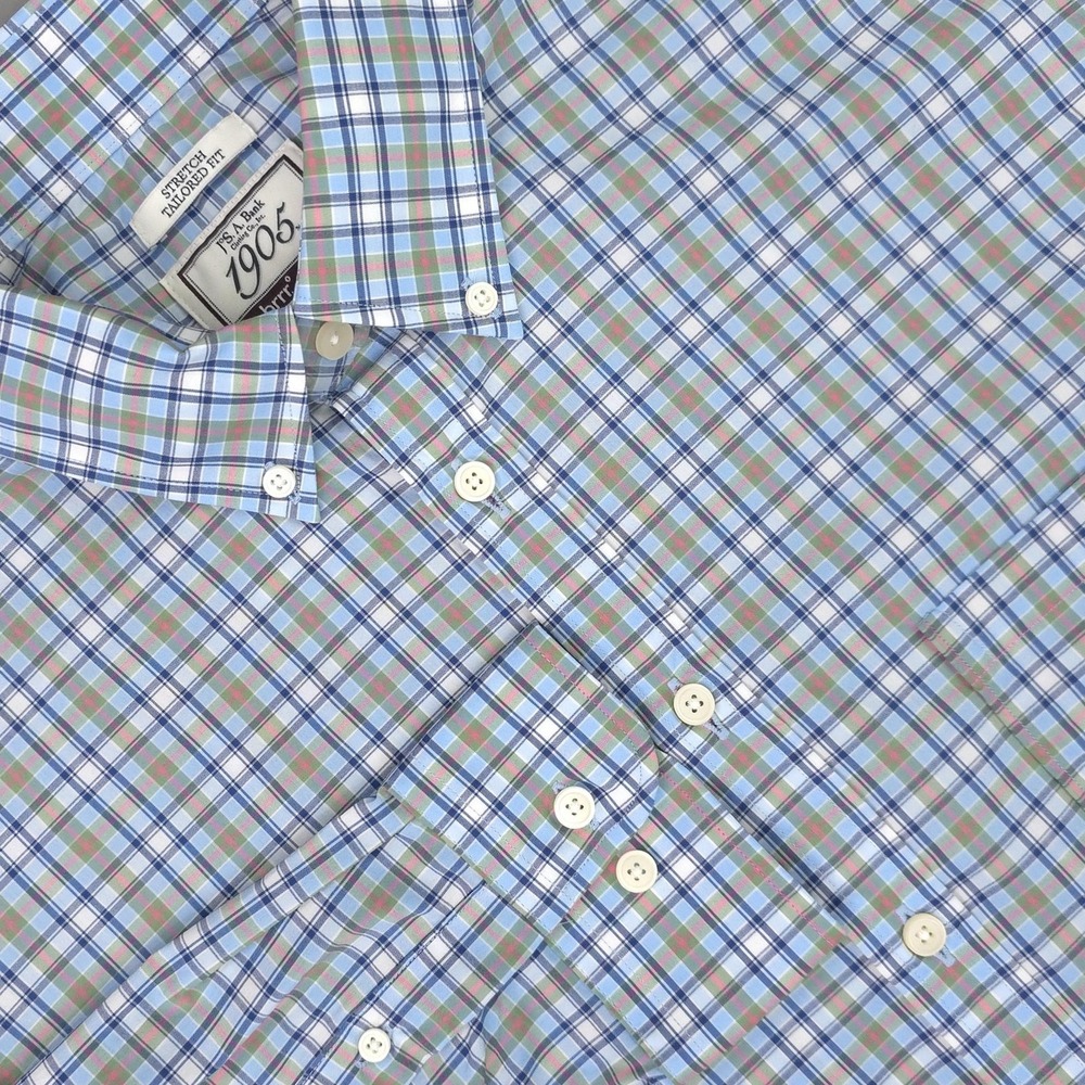 Jos A Bank Shirt Mens XL Blue Plaid Stretch Long Sleeve 1905 Button Down brrr